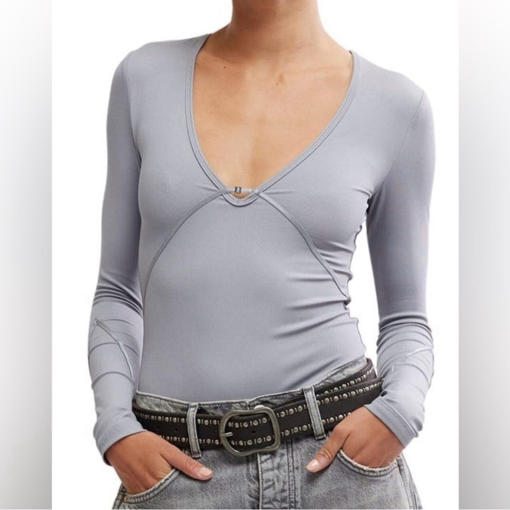 NEW Free People Intimately Victoria Plunge Bodysuit Size L Weathervane Gray Flaw